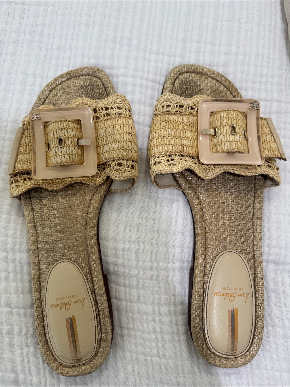 Sam Edelman Beige Woven Slide Sandals with Square Buckles